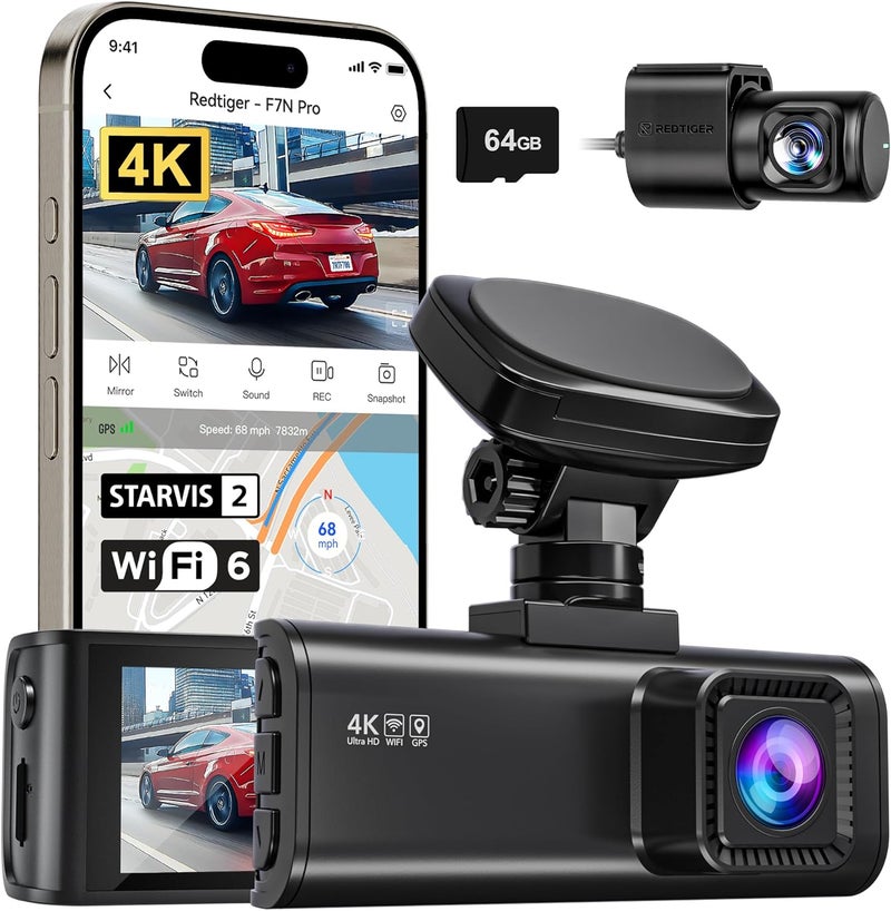 REDTIGER 4K Dash Cam Front and Rear, STARVIS 2 Sensor, 64GB Card Included, 4K/2.5K+1080P Dual Dash Camera for Cars Built-in WiFi GPS, 3.18 Inch IPS Screen, 170° Wide Angle, Parking Monitor (F7N Pro) - Image 1